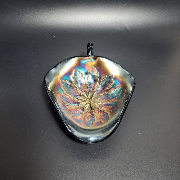 Dugan Carnival Glass Leaf Rays Tri-Corner Nappy Dish Iridescent Finish - Picture 2 of 14